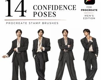 Confidence 14 Poses Procreate Stamp Brushes, Mens Fashion Croquis, Fashion Pose Stamps, Menswear Figure Template, Procreate Fashion Design