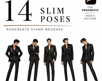 Slim 14 Poses Procreate Stamp Brushes, Mens Fashion Croquis, Slim Fashion Pose Stamps, Menswear Figure Template, Procreate Fashion Design