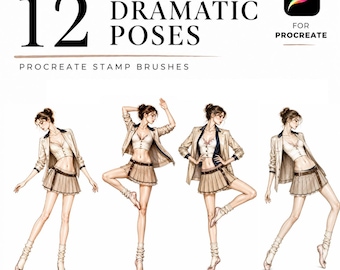12 Dramatic Fashion Poses Procreate Stamp Brushes, Editorial Figure Templates, Croquis Set for Designers, High Fashion Tool
