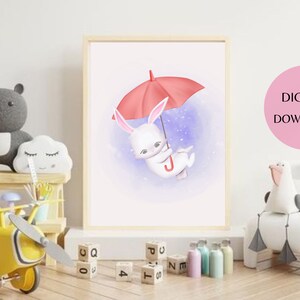 Póster A4 Conejo paraguas rojo, idea de decoración de habitación infantil, póster de pared de animales 2 versiones PDF y PNG