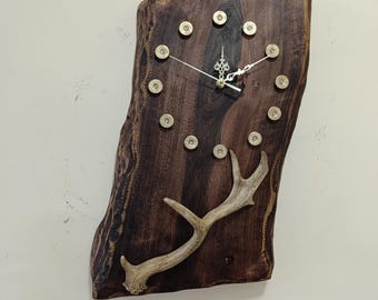 Deer Antler Wood Slab Clock, Rustic Cabin Decor, Silent Quartz