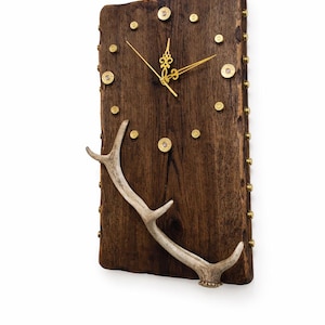 Hunting Wall Clock, Live Edge Wood, Bullet Shell & Antler Decor, Gift for Hunter, Silent Wall Clock