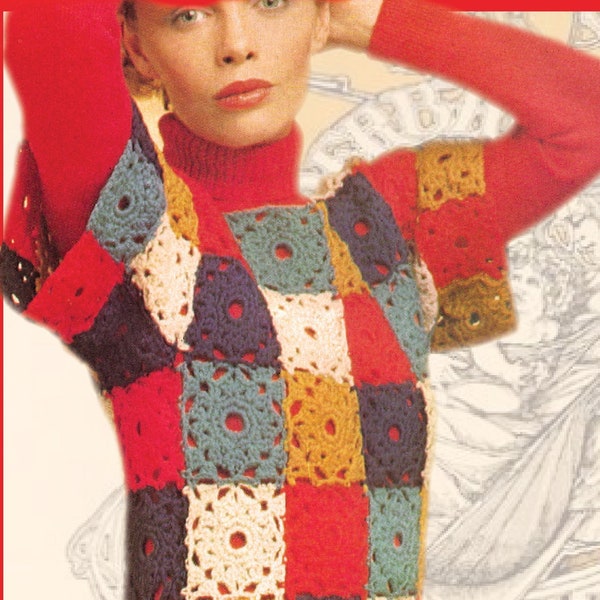 70S Boho Crochet Womens Kimono top, easy beginner, Granny square. Scrap yarn project.