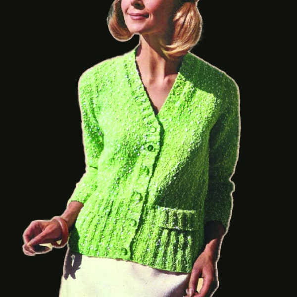 Deep V Neck Women's Cardigan 1960s Mod style pattern with pockets and long sleeves in 4-ply stocking stitch.