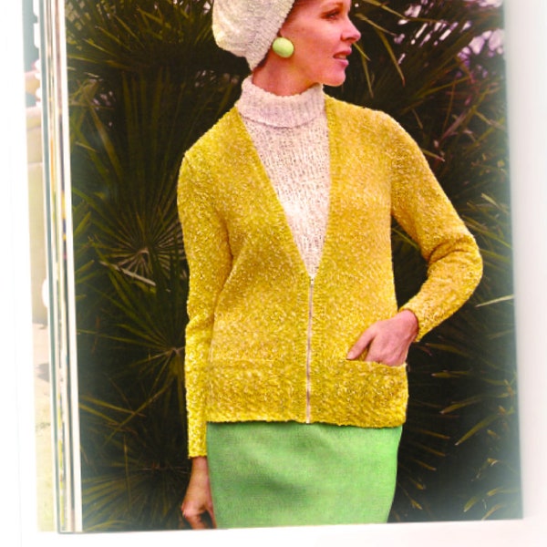 Deep V-neck cardigan, raglan sleeves, cable cuffs & pockets, 1960s. Vintage knit pattern pdf.