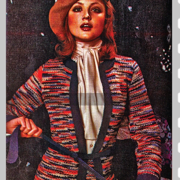 Women Wrap Jacket or Cardigan with belt, a cardigan skirt suit with an A-line skirt, 70s Vibe, style uber feminine space-dye knit pdf.