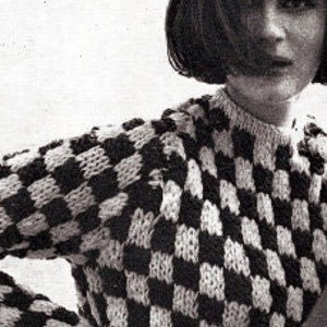 Checkerboard pattern sweater knit in chunky yarn with fine edge rib cowl neck. Vintage PDF pattern for download.