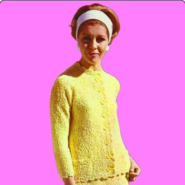 Two-piece retro knitted skirt suit, retro style 1960s Vintage pique or scalloped edge crew neck cardigan with pockets and A-line skirt.