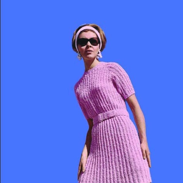 Knitted Dress 1960s style with crewneck and mini skirt with matching knit Belt and short raglan sleeves