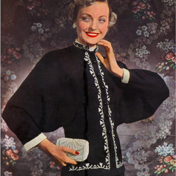 Ladies 1950s Batwing Knit Cocktail Jacket with front fastening and mandarin collar, Asian influence in pattern, with silver embellishment.