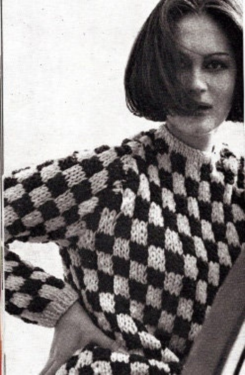 Checkerboard pattern sweater knit in chunky yarn with fine edge rib cowl neck. Vintage PDF pattern for download.