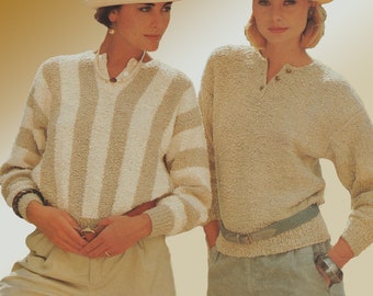 Henley style, plain knit, pdf pattern, 3 button fastening, set in long sleeves, striped and plain version. One size fits 86 to 91cm