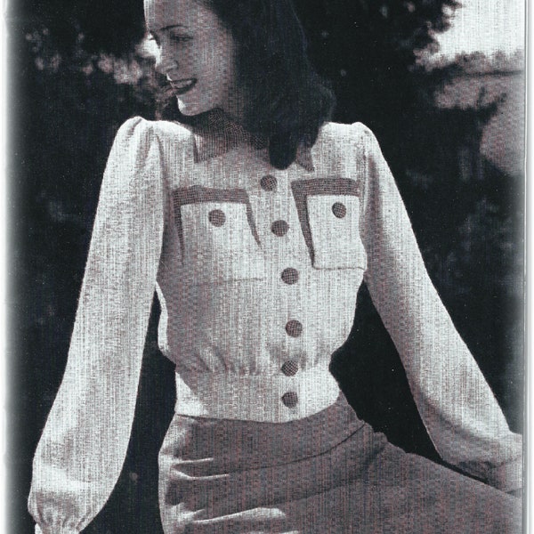 1940s PDF. pattern for a knitted jacket blouson with puff sleeves, high waist, button fastening, and pockets. Petite size with 34" bust.