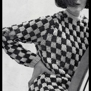 checkerboard knitting pattern for 60s hip sweater longline with crew neck simple stocking stitch in 2 colors
