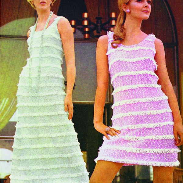 Knitted mini dress with fringes or tassel, a cocktail dress pattern pdf. in midi or mini. 1920s to a 1960s vibe- knitted dress pattern pdf.