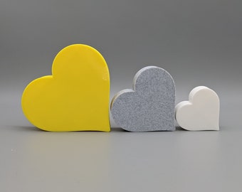 Freestanding Heart Ornaments - Triple Heart home decor in yellow, stone effect grey and white