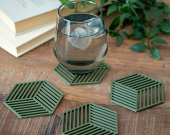 Olive Green Coaster Set of 4 Drink Coasters Geometric Cube Pattern Coaster Set Home Decor Housewarming Gift Eco Friendly Homeware