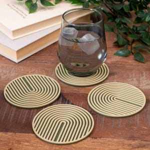 Olive Green Coasters Arch Design: Round Coaster Set, Geometric Minimalist Boho Home Decor