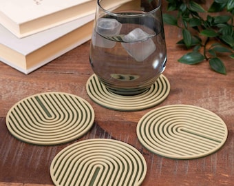 Olive Green Coasters Arch Design: Round Coaster Set, Geometric Minimalist Boho Home Decor