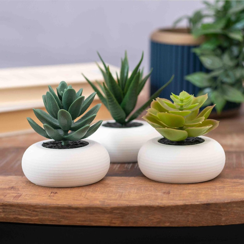 May include: Three artificial succulents in white, round, textured pots. The succulents vary in shades of green, with one having a rosette shape, another with pointed leaves, and the third with a spiky appearance. The pots sit on a wooden surface.