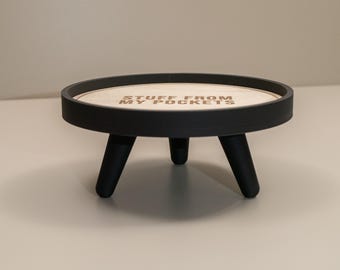 Trinket Dish Wood and Black Industrial Style: Catchall Tray with Engraved Quote, Tripod Key Plate