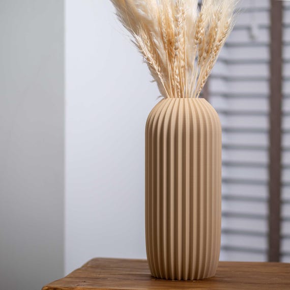 Cream Pleated Vase for Dried Flowers : Beige Earthy Home Decor, Living Room Ornament