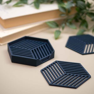 Navy Blue Drink Coaster Set: Geometric Cube Pattern Coasters, Home Decor, Housewarming Gift Homeware