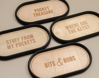 Trinket Dish | Key Tray : Black PLA with Wooden Surface and Engraved Quotes
