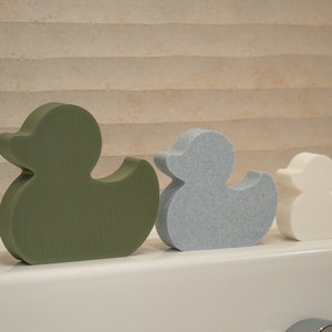 May include: Three rubber duck toys in different colours: green, blue and white. The ducks are arranged in a row from left to right.
