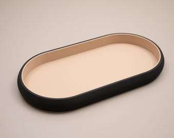 Oval Trinket Dish Black & Beige Catchall Tray: Entryway Key Tidy Tray, Bedside Table Dish
