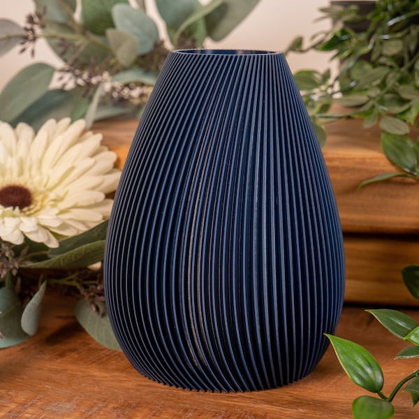 Navy Ribbed Vase (for artificial or dried flowers only) - Navy Blue Lightweight thermoplastic - Home Decor / Accents - Lightweight Ornament