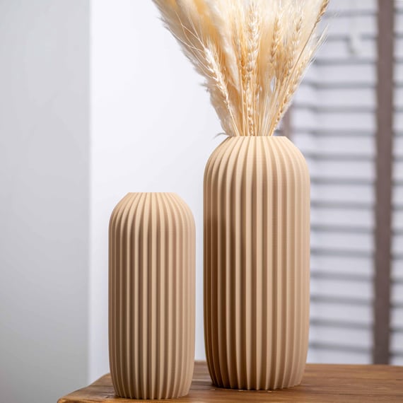 Cream Pleated Vase for Dried Flowers : Beige Earthy Home Decor, Living Room Ornament