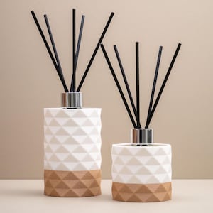 Modern Geometric Diffuser Set: Neutral White & Wood Style Home Fragrance Bottle