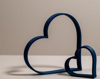 Navy Blue Heart Ornaments: Line Art Set, Heart Home Decor, Media Wall Shelf Display