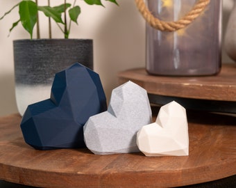 Geometric Heart Ornaments - Freestanding Set of 3 Heart home decor in navy blue, white and stone effect grey - Eco Friendly Home Accents