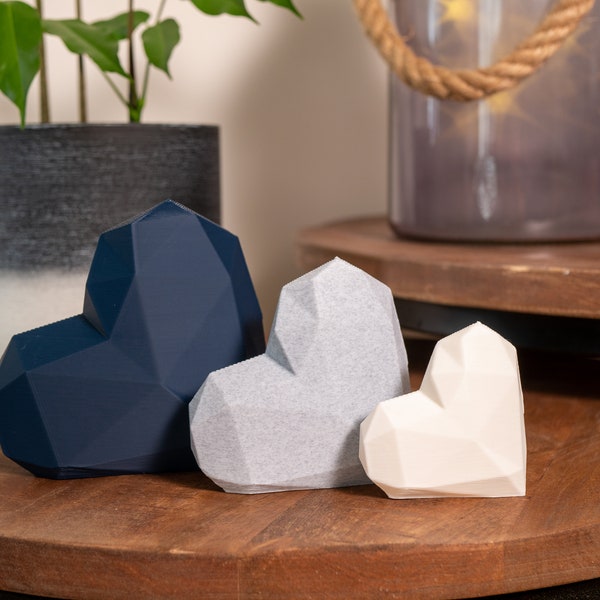 Geometric Heart Ornaments - Freestanding Set of 3 Heart home decor in navy blue, white and stone effect grey - Eco Friendly Home Accents