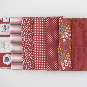 May include: A set of eight red fabric scraps with different patterns, including stripes, polka dots, gingham, and floral designs. The fabric scraps are all approximately 11 inches long and 4 inches wide.
