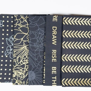 Gilded metallic Fabric 5 curated fat quarters. Alli K Designs for Moda Fabrics. Black, white Metallic fabrics. Fat Quarters