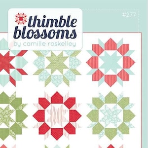 May include: A quilt pattern featuring a repeating starburst design in red, green, and light blue. The text "thimble blossoms" and "SWOON" are visible. The quilt size is 80" x 80".