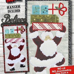 May include: Vintage Santa machine embroidery pattern with a red and white striped gift box, a green gift box, and a blue gift box. The pattern is finished at 6 1/2 inches by 12 1/4 inches. The hoop size is 8 inches by 12 inches. The pattern includes a hanger.  The text "Believe" is in black. The text "NO cd NO downloading files from a website YES! to a USB drive" is in white on a red background.