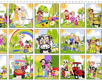 SALE Golfer Girls PANEL Sold by panel, Loralie Design Quality Quilting Cotton, use for bags purses backpacks pillowcases and much more