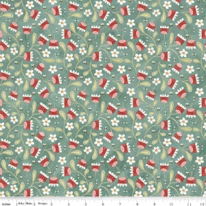May include: A teal green fabric with a repeating pattern of red and white flowers, bees, and leaves. The fabric is designed for quilting and crafting.