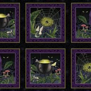 May include: A fabric panel featuring six square illustrations with purple borders, depicting black cauldrons with glowing yellow liquid, spiderwebs with spiders, and purple-clad figures with brooms, all set against a dark background with mushrooms.