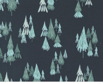 May include: Dark navy fabric with a repeating pattern of stylized evergreen trees in shades of teal and light green. The trees vary in size and density, creating a forest-like design. The fabric has a ruler along the bottom edge.