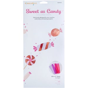 May include: A white sheet of colored vinyl with the text "Sweet as Candy" and candy illustrations. The sheet includes eight 6x12 inch sheets, designed for machine embroidery and sewing projects. Colors include peach, taffy, gumdrop, and grape.