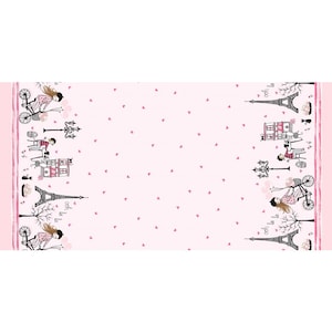 May include: A pink fabric with a Parisian theme. The design features illustrations of the Eiffel Tower, people at cafes, and women on bicycles. Small pink hearts are scattered across the background. The words "oh la la" are also included.