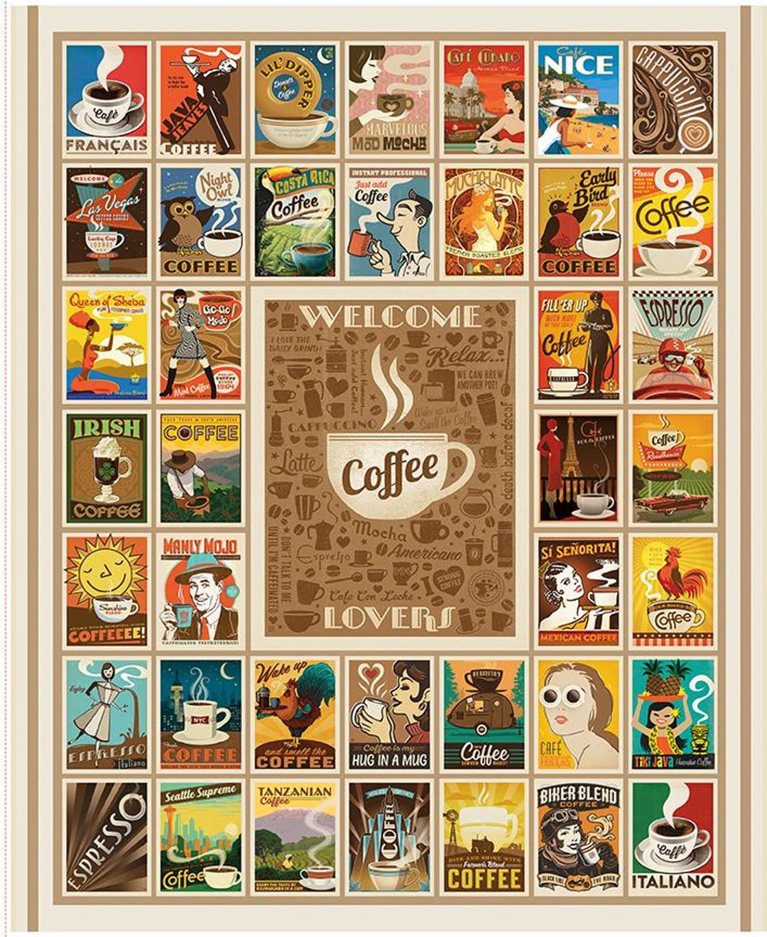 Pattern Panel Cafe Coffee Time Welcome Coffee Lovers Panel, 35.5