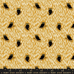 May include: A seamless fabric pattern featuring black owls with yellow eyes on a mustard yellow background with white leaf-like shapes.