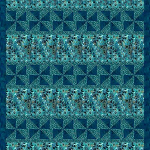 May include: A teal and blue quilt with a repeating pattern. The design features alternating rows of floral patterns and pinwheel shapes. The quilt has a dark blue border.