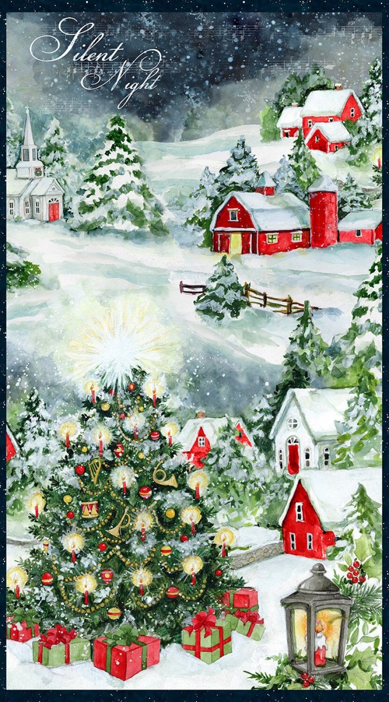 May include: Watercolor painting of a snowy Christmas scene with a decorated tree, red-roofed houses, and the words "Silent Night". Presents are under the tree, and a lantern is in the foreground. The overall theme is a winter holiday.